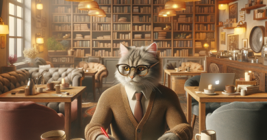 Cat in sweater and tie, editing in coffee shop setting