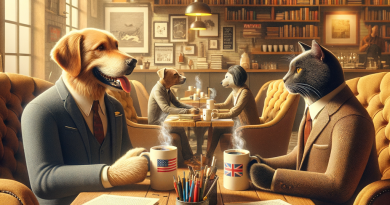 US Dog and UK Cat editing in a cozy coffee shop