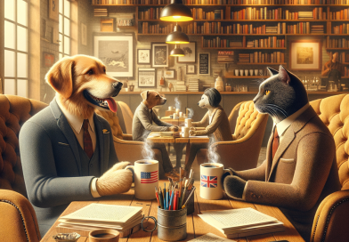 US Dog and UK Cat editing in a cozy coffee shop
